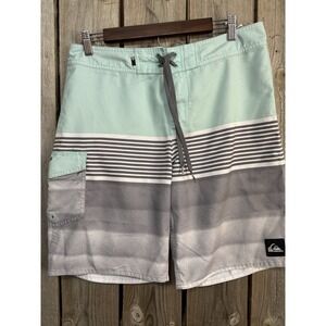 Quiksilver Board Shorts Mens 32 Mint Gray Striped Surf Swim Trunks 9.5 Length